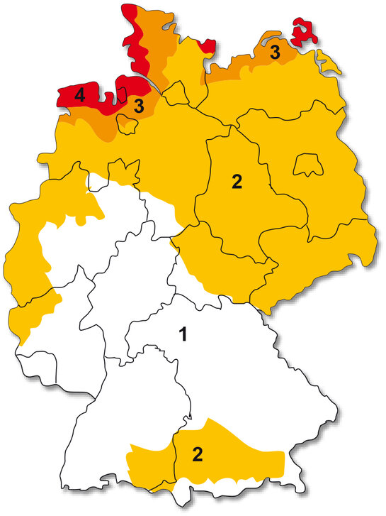 Figuur 1: Windzonekaart volgens DIN 1055-4:2005-03, bijlage A